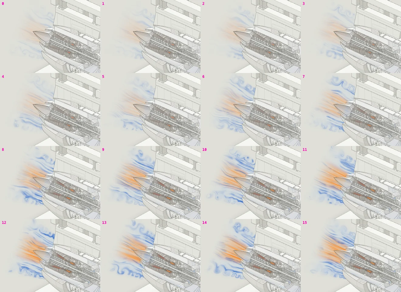 Sixteen numbered frames of the turbofan spooling up, the air and flame growing frame by frame.